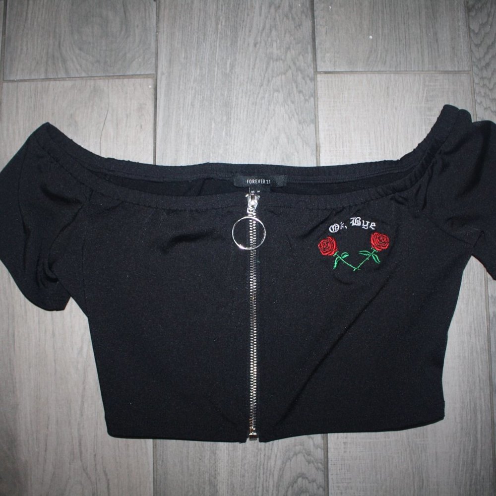 Forever 21 Women's Black Ok Bye Graphic Crop Top